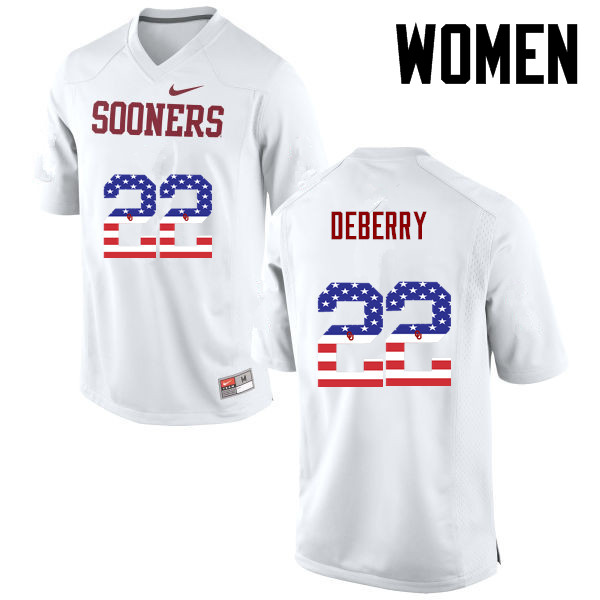 Women Oklahoma Sooners #22 Ricky DeBerry College Football USA Flag Fashion Jerseys-White